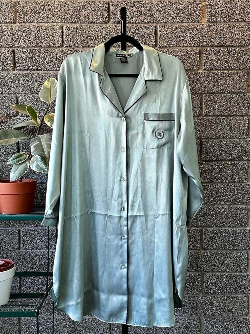 Vintage 90s Y2K Halston Mint Green Silk Satin Sleep Shirt Pajamas